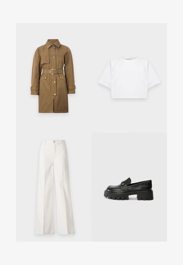 Smeđa trench kaput s remenom, ovratnikom, prednjim patentnim zatvaračem, dugmadi na preklop i bočnim džepovima, s glatkom teksturom i ravnim krojem.; Skraćena bijela majica od mekog materijala, s kratkim rukavima, okruglim izrezom i rebrastim detaljima na rubu. Jednostavan i neukrašen dizajn.; Bijele široke hlače izrađene od pamuka s glatkom teksturom. Imaju prednji gumb, patentni zatvarač i dizajn s četiri džepa.; Crne kožne loafersice s debelim potplatom, s zlatnim akcentom sprijeda i glatkim završetkom. Debeli uzorak na potplatu.