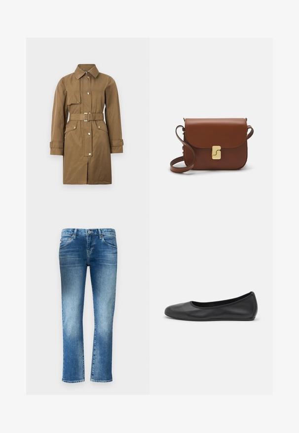 Ruskea vyöllä varustettu trench-takki, jossa on kaulus, etuvetoketju, napit ja sivutaskut. Takissa on sileä pinta ja suora leikkaus.; Valkoinen lyhythihainen t-paita, joka on valmistettu ribbytedusta kankaasta. Pyöreä pääntiie, normaali istuvuus ja hienovaraiset ompeluyksityiskohdat. Ei kuvioita tai grafiikkaa.; Vaaleansiniset farkut suoran lahkeen muotoilulla, hienovaraisella haalistuella ja keskipitkällä vyötäröllä. Varusteena viisi taskua ja vyölenkit.; Musta nahkainen ballerina, jossa on pyöristetty kärki, sileä pinta, minimaalinen ommelkoristelu ja joustava pohjamuotoilu.; Ruskea nahkainen käsilaukku, jossa on läppäkiinnitys, kultasävyiset yksityiskohdat, olkahihna ja sileä pinta. Kompaktin suorakaiteen muotoinen.