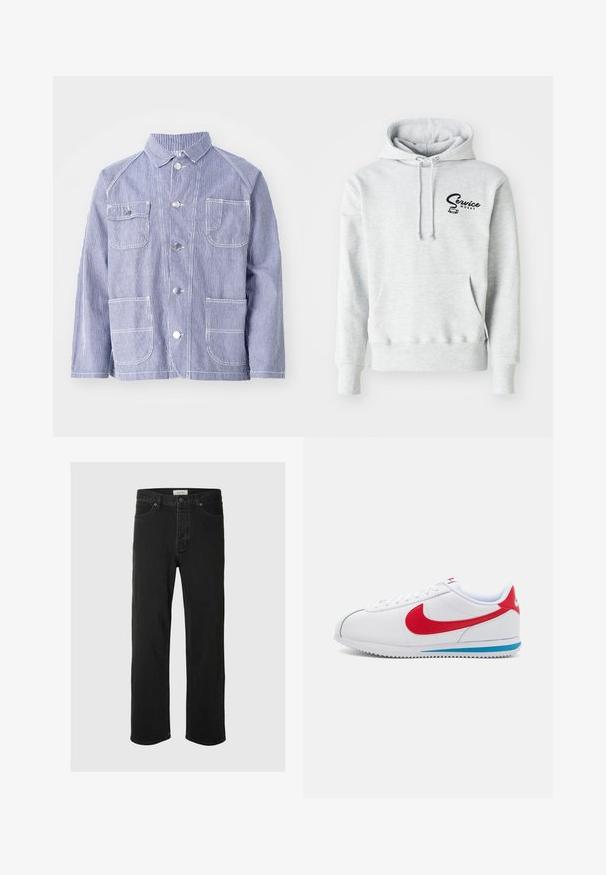 Gestreepte blauw-witte jas met een kraag, knopen aan de voorkant, twee borstzakken en twee onderste zakken. Gemaakt van textiel.; Grijze hoodie van zacht materiaal, met een voorzak, een capuchon met trekkoord en een zwart "Service Works" logo op de linkerborst.; Zwarte denim rechte jeans hebben een klassiek vijf-pocket ontwerp met knoopsluiting, minimale stiksels en een zachte textuur.; Witte sneaker met rode accenten, met een gladleren bovenwerk, ronde neus en een blauwe zool. Vetersluiting met zichtbare stikseldetails.
