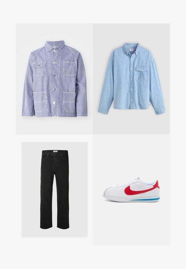 Raidallinen sinivalkoinen takki, jossa on kaulus, napit edessä, kaksi rintataskua ja kaksi alhaista taskua. Valmistettu tekstuurista kankaasta.; Vaaleansininen napillinen paita, joka on valmistettu chambray-kankaasta. Ominaisuuksiin kuuluu kaulus, pitkät hihat ja rintatasku läpällä ja napilla.; Mustat farkut suoranlahkeiset, joissa on klassinen viisi taskua -design, nappisuljenta, minimaalinen ommel ja pehmeä tekstuuri.; Valkoinen sneakeri punaisilla yksityiskohdilla, jossa on sileä nahkapinta, pyöreä kärki ja sininen pohja. Nauhakiristys ja näkyvät tikkaus yksityiskohdat.
