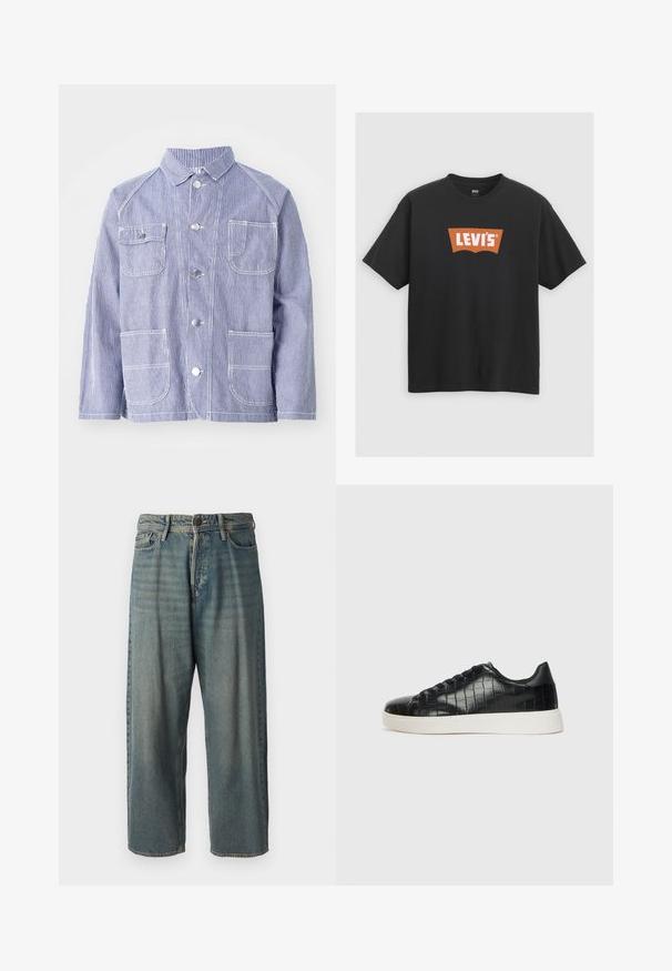 Gestreifte blau-weiße Jacke mit Kragen, Frontknöpfen, zwei Brusttaschen und zwei unteren Taschen. Aus strukturiertem Stoff gefertigt.; Schwarzes Baumwoll-T-Shirt mit einem großen orangen Levi's-Logo auf der Vorderseite, kurzen Ärmeln und einem Rundhalsausschnitt.; Helle blaue Denim-Jeans mit lockerer Passform, mittelhoher Taille und geraden Beinen. Hat fünf Taschen, Gürtelschlaufen und einen Knopfverschluss.; Schwarze Sneakers mit einer strukturierten, krokodilPrägung aus Leder, runder Zehenpartie und einer kontrastierenden weißen Gummisohle mit glatter Oberfläche.