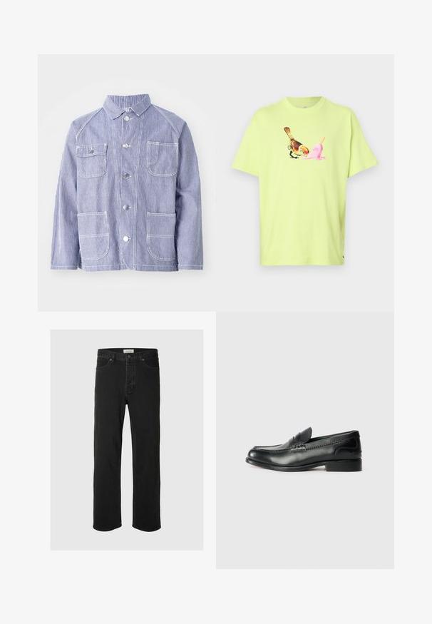 Gestreepte blauw-witte jas met een kraag, knopen aan de voorkant, twee borstzakken en twee onderste zakken. Gemaakt van textiel.; Limoengroene katoenen T-shirt met een afbeelding van een vogel en een roze ijsje, met een eenvoudige ronde hals en korte mouwen.; Zwarte denim rechte jeans hebben een klassiek vijf-pocket ontwerp met knoopsluiting, minimale stiksels en een zachte textuur.; Zwarte leren instappers met een gladde afwerking, gestikte details over de bovenkant en een licht verhoogde hak.