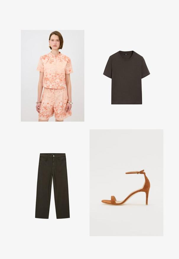 Kurzärmliges, korallenfarbendes Set mit floralem Muster; verkürzte Bluse mit Knopfleiste und rundem Kragen sowie hochgeschnittene Shorts mit umgeschlagenen Säumen.; Dunkelbraunes T-Shirt mit kurzen Ärmeln aus Baumwolle. Verfügt über einen runden Halsausschnitt und eine lockere Passform, ohne sichtbare Muster oder Akzente.; Dunkelgrüne Jeans im weit geschnittenen Style, hergestellt aus einem Baumwollgemisch. Sie verfügen über einen Frontknopfverschluss, fünf Taschen und klassische Denim-Nähte.; Braune Wildleder-Pumps mit hohen Absätzen, dünnem Knöchelriemchen mit goldener Schnalle, offener Zehenpartie und einem eleganten, minimalistischen Design.