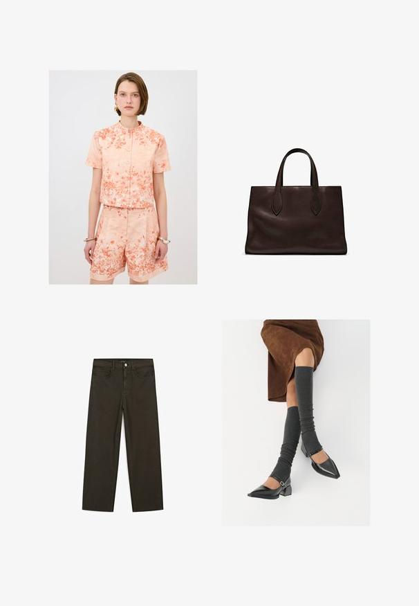 Completo coordinato a maniche corte in tonalità corallo con stampa floreale; top a bottoni cropped con colletto rotondo e pantaloni corti a vita alta con orli risvoltati.; T-shirt marrone a maniche corte in morbido cotone, con scollatura rotonda e design semplice senza ulteriori motivi o accenti.; Jeans a gamba larga di colore verde scuro, realizzati in tessuto misto cotone, dotati di chiusura con bottone frontale, cinque tasche e cuciture classiche in denim.; Scarpe nere in pelle verniciata con punta affilata, tacco a blocco e cinturino alla caviglia, abbinate a scaldamuscoli grigi a coste e una gonna in suede marrone.; Borsa a spalla in pelle marrone con due manici lunghi, forma rettangolare strutturata, texture liscia e dettagli di cucitura sottili.