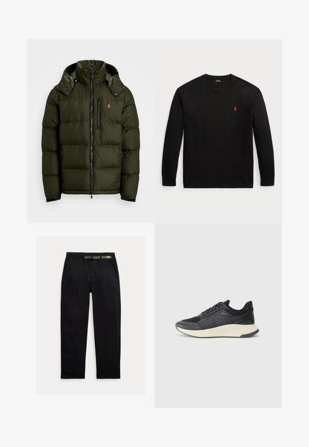 Polo Ralph Lauren THE GORHAM DOWN JACKET - Casaco de penas - company olive; Camisola de manga longa preta feita de algodão. Apresenta um colarinho redondo, punhos canelados e um pequeno logo bordado vermelho no peito. Textura suave.; Calças pretas feitas de um tecido leve, com uma cintura elástica com um cinto verde integrado, corte reto e bolsos laterais.; Sapatilha atlética preta com parte superior em malha com perfurações, uma entressola texturizada em creme e uma sola de borracha para tração.