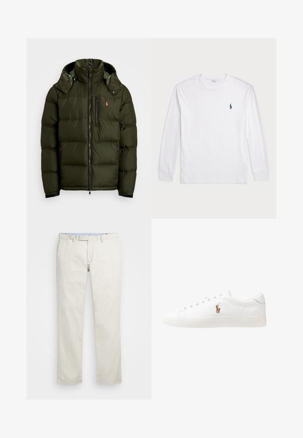 Polo Ralph Lauren THE GORHAM DOWN JACKET - Dunjacka - company olive; Vit långärmad T-shirt tillverkad av bomull. Har en rund halsringning, ribbade ärmslut och en liten marinblå polo-logotyp på vänster bröst.; Beige bomullskinos med rak framdel, bältesöglor och sidofickor. Rakt ben med en slät textur och en lätt, andningsbar känsla.; Vita lädersneakers, låg design, med en slät yta, rund tå, snörning fram och en liten broderad logotyp på sidan.