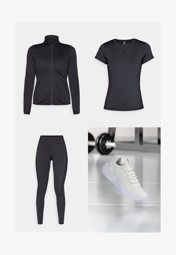 Svart zip-up jakke med høy krage, laget av glatt, elastisk stoff, med to glidelås-lommer foran og teksturerte ermer.; Svart kortermet t-skjorte laget av glatt, pustende stoff med et minimalistisk logo-design på fronten. Klassisk rund hals.; Svarte tights laget av elastisk materiale. Høy midje, glatt tekstur, med mønstrede detaljer ved leggen.; Hvit atletisk sneaker med et teksturert mesh-overdel og snøring, med en polstret hvit såle og subtile ribbede detaljer.