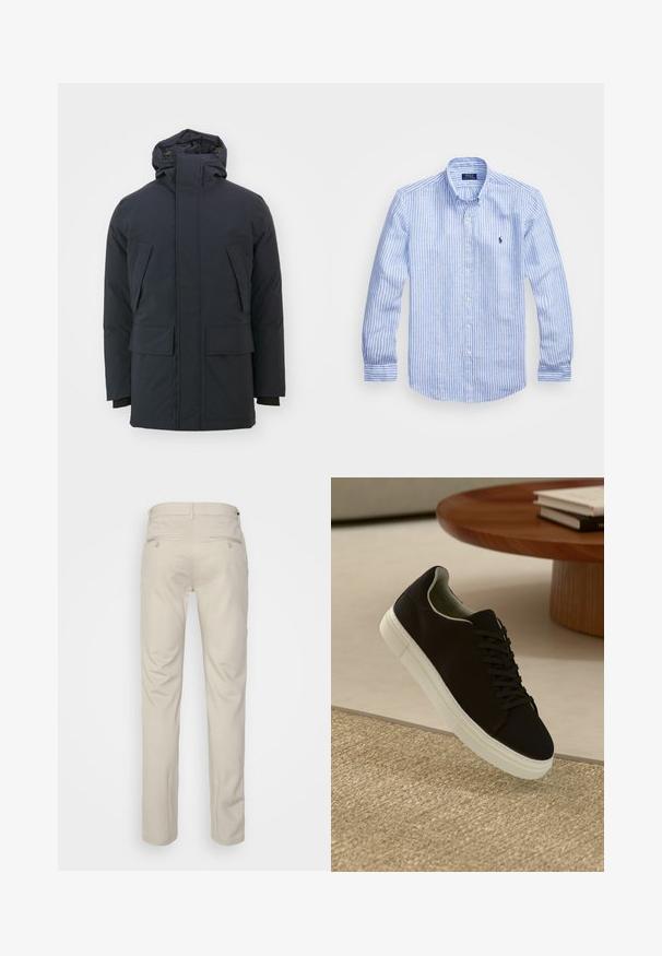 Tamno plava izolirana jakna s visokim ovratnikom, podesivom kapuljačom i dva velika prednja džepa. Glatka, mat površina, duži rukavi.; Plava i bijela prugasta košulja dugih rukava od pamuka, s ovratnikom na dugmad, prednjim dugmadi i malim izvezenim logom na prsima.; Bež hlače s glatkom teksturom, ravnog kroja, dva stražnja džepa s gumbima i standardnim pojasom.; Crna tenisica s bijelim potplatom koja lebdi iznad bež teksturiranog tepiha pored okruglog drvenog stola sa složenim knjigama.