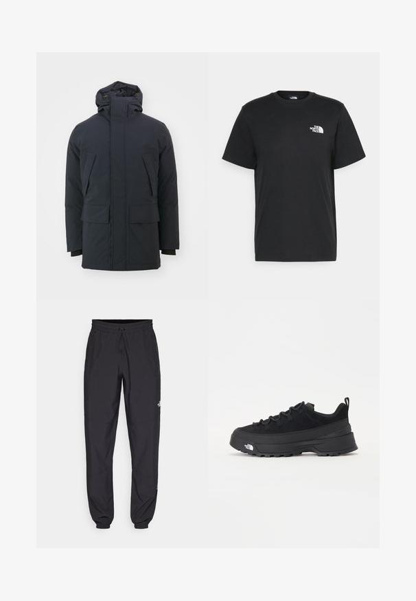 Marineblauwe geïsoleerde jas met een hoge kraag, verstelbare capuchon en twee grote voorzakken. Glad, matte stofafwerking, lange mouwen.; Zwarte katoenen T-shirt met korte mouwen, ronde hals en een klein wit logo op de linkerkant van de borst. Eenvoudig ontwerp, gladde textuur en een comfortabele pasvorm.; Zwarte sportieve broek gemaakt van lichtgewicht stof, met een trekkoord in de taille, zijzakken en taps toelopende boorden bij de enkels.; Zwarte outdoor sneaker met een suede bovenkant, een gestructureerde rubberen zool en een stevig vetersysteem. Heeft een versterkte hiel en een merklogo aan de zijkant.