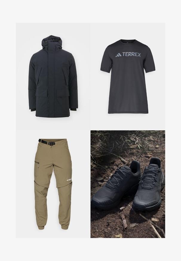 Navy blue insulated jacket with a high collar, adjustable hood, and two large front pockets. Smooth, matte fabric finish, long sleeves.; Black short-sleeve t-shirt made of lightweight fabric, featuring a light gray “TERREX” logo across the chest and a crew neckline.; Khaki outdoor pants with a adjustable black belt, zippered pockets, tapered cuffs, and detachable lower legs for versatile styling.; Black athletic shoes with a textured knit upper, reinforced toe, and cushioned sole, displayed on earthy ground with scattered twigs.