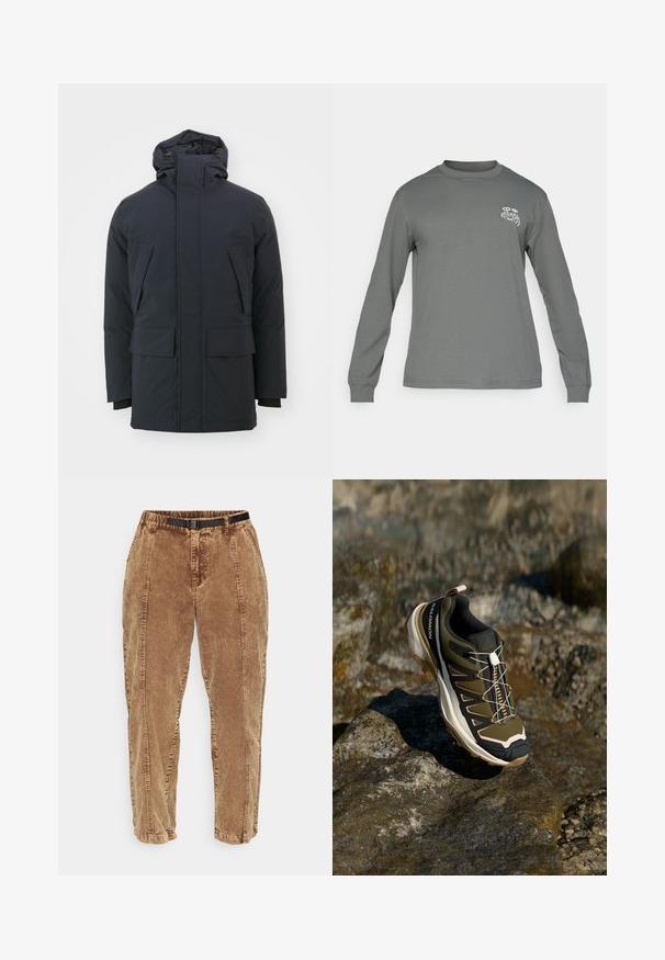 Sötétkék szigetelt dzseki magas gallérral, állítható kapucnival és két nagy első zsebbel. Simább, matt anyagú, hosszú ujjú.; Hosszú ujjú ing szürke anyagból, kerek nyakkivágással és fehér grafikai logóval a bal mellrészen. Simá szövet és letisztult dizájn.; Barna kordbársony nadrág, texturált felülettel, fekete állítható övvel, oldalzsebekkel és kényelmes fazonnal. A nadrág a bokák felé szűkül.; Olívazöld és fekete túrabakancs rózsaszín részletekkel. Jellemzői közé tartozik a texturált felsőrész, a rugalmas talp, a megerősített orr- és a színes fűzőrendszer.