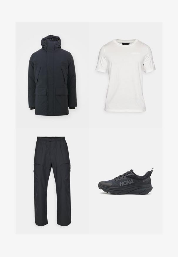 Marineblauwe geïsoleerde jas met een hoge kraag, verstelbare capuchon en twee grote voorzakken. Glad, matte stofafwerking, lange mouwen.; Witte t-shirt met korte mouwen, gemaakt van zachte stof. Heeft een ronde halslijn en een subtiele merkdetail in het midden van de voorkant.; Zwarte cargo broek met een elastische tailleband, twee ritszakken en een lichte, zachte stofstructuur.; Zwarte Hoka hardloopschoen met een bovenwerk van mesh, textuurdetails en een dikke, gevoerde zool met taps toelopende randen voor verbeterde ondersteuning.