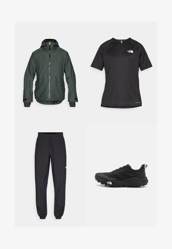 Mørkegrønn jakke med hette, frontglidelås, to store lommer og svarte detaljer. Har strukturert stoff og forsterkede mansjetter.; Svart kortermet treningstrøye med strukturert stoff, med en hvit logo på venstre bryst og rett kant.; Sorte idrettsbukser laget av lett stoff, med snor i livet, sidelommer og smale mansjetter ved anklene.; Svart terrengløpesko med teksturert overdel, gummisåle og forsterket tåhette. Har polstret krage og løftestropp for enkel påkledning.