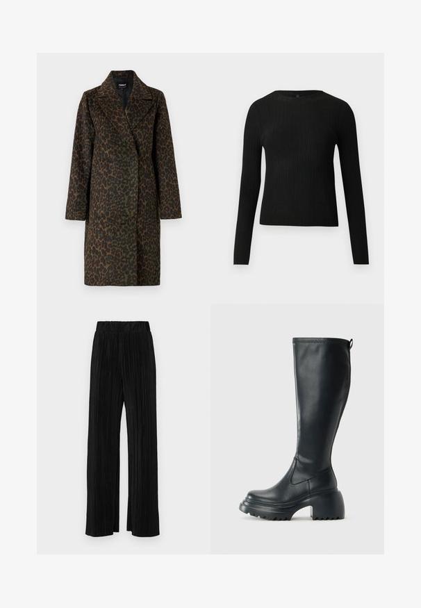 Leopard-print coat in shades of green and brown, with a notched collar, long sleeves, and a relaxed fit. Soft textured fabric.; Black ribbed long-sleeve fitted sweater with a round neckline, displayed against a plain light background.; Black pleated trousers with an elastic waistband. Features wide legs and a smooth, textured fabric with vertical stripes.; Tall black leather boot with chunky platform sole and block heel, featuring pull tab and textured tread on outsole.
