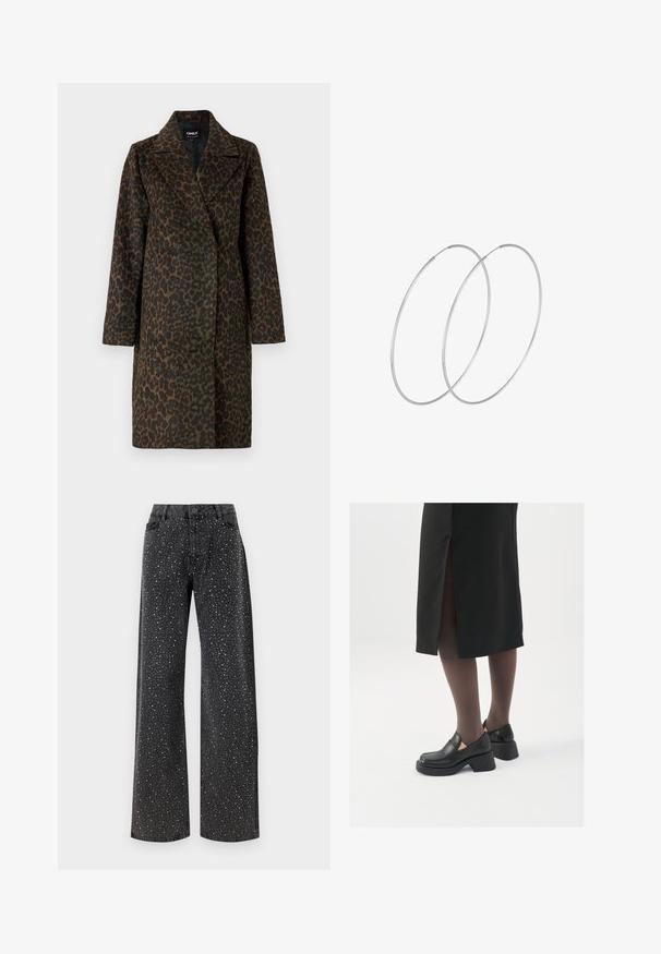 Cappotto maculato in tonalità di verde e marrone, con colletto a punte, maniche lunghe e vestibilità comoda. Tessuto morbido e testurizzato.; Maglietta nera a maniche lunghe realizzata in tessuto morbido, con una silhouette dritta e un ampio scollo rotondo con dettagli minimali.; Noisy May NMJANNEL LOOSE - Jeans baggy - black denim; Scarpe in pelle nera con punta arrotondata, tacco spesso a blocco e accenti laterali in elastico, abbinate a collant scuri e una gonna nera con uno spacco.; Orecchini a cerchio in argento con un design minimalista. Forma circolare, superficie liscia e profilo sottile. Leggeri con una finitura lucida.