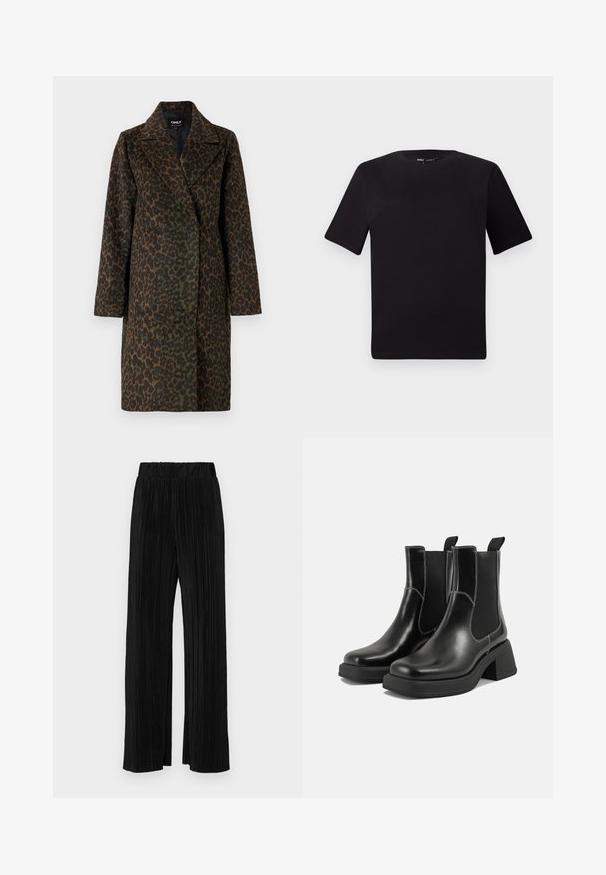 Lapuķu raksta mēteli zaļās un brūnās krāsās, ar izgrieztu apkakli, garām piedurknēm un brīvu siluetu. Mīksta teksturēta auduma.; Melnas īsām piedurknēm T-krekls ar apaļu kakla izgriezumu, izgatavots no mīksta kokvilnas auduma. Vienkāršs dizains, bez redzamām logo vai rakstiem.; Melni plīšu bikses ar elastīgu jostu. Tām ir platākas kājas un gluda, teksturēta auduma ar vertikālām svītrām.; Melni ādas Čelsijas zābaki ar masīvu papēdi, elastīgām sānu panelēm un kontrastējošu balto šuvumu. Teksturēts apdare.