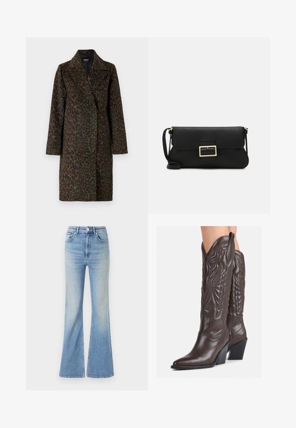 Leopard-print coat in shades of green and brown, with a notched collar, long sleeves, and a relaxed fit. Soft textured fabric.; White sleeveless tank top made of ribbed fabric, featuring a rounded neckline and a fitted silhouette, with minimal seams and no embellishments.; Light blue flared jeans made of denim, featuring a high waist, five-pocket design, and subtle gradient fading towards the hem.; Brown leather cowboy boots with pointed toe and block heel, featuring detailed stitching and raised accents on the shaft.; Black leather clutch bag with a flap and a gold metal buckle detail. Includes a black strap and a sleek, minimalist design.