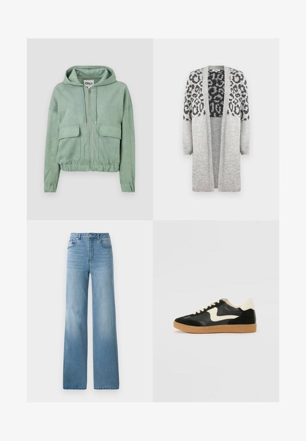 Felpa con zip verde menta realizzata in tessuto morbido, con cappuccio regolabile, due tasche frontali e orlo arricciato.; Cardigan grigio lavorato a maglia con maniche lunghe e apertura frontale. Presenta un motivo leopardato nero nella parte superiore. Texture morbida.; Top senza maniche bianco realizzato in tessuto a coste, caratterizzato da un collo arrotondato e una silhouette aderente, con cuciture minime e senza decorazioni.; Jeans azzurri chiari a vita alta con design a gamba dritta. Realizzati in denim, presentano cinque tasche e chiusura con bottone.; Sneaker nera in suede e pelle con un sorriso laterale crema e un tallone di un leggero crema. Presenta lacci beige e una suola in gomma color caramello.