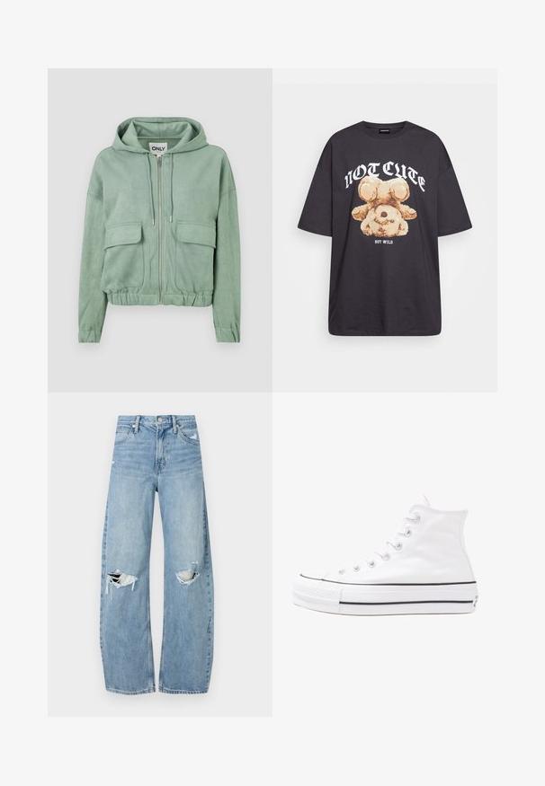 Mäkký zelený zipsový huňák vyrobený z jemného materiálu, s kapucňou na šnúrku, dvoma prednými vreckami a zberaným lemom.; Čierne oversized tričko s grafikou medveďa a textom "NIE ROZTOMILÉ ALE DIVOKÉ" v tučnom bielom písmene. Bavlnený materiál.; Svetlomodré, vysoké džínsy vyrobené z denimu. Majú široké nohavice, dve roztrhnuté kolená a klasický päťvreckový strih.; Biele vysoké plátené tenisky s čiernou gumovou podošvou, prednou gumovou špičkou a šiestimi okami na šnúrky, s čistým, minimalistickým dizajnom.