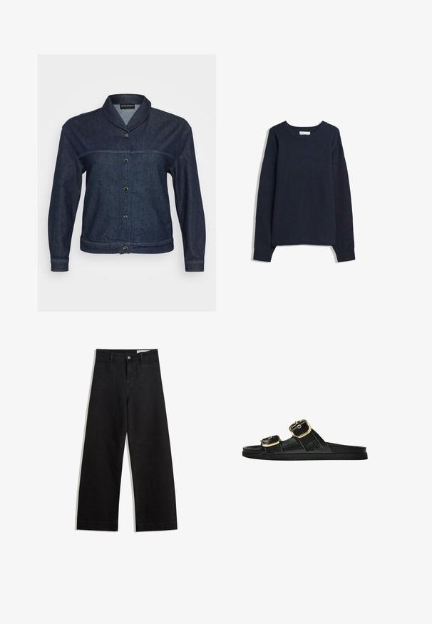 Sötétkék farmerdzseki hosszú ujjakkal, kerek gallérral és négy ezüst színű patenttal az elején.; Nadrágkék V nyakú pulóver, hosszú ujjakkal, bordás mandzsettákkal és szegéllyel. Puha kötött anyagból készült, laza szabású és minimalista dizájnú.; Fekete, bő szabású farmernadrág magas derékkal, elülső és hátsó zsebekkel, varrott felületekkel és gombos záródással. Sima textúra.; Fekete csúszó szandál, két arany csattal, sima textúrájú anyagból, lapos talppal és minimalista dizájnnal.