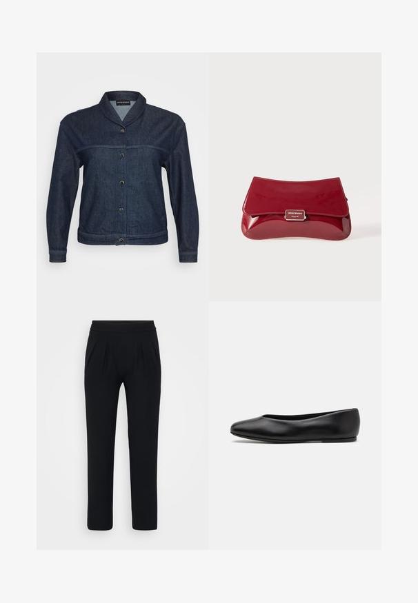 Tmavě modrá denimová bunda s dlouhými rukávy, kulatým límcem a čtyřmi stříbrnými kovovými knoflíky na přední straně.; Modrá saténová blůza s krátkým rukávem a čtvercovým výstřihem, se zipem na zádech. Hladká textura a lehce volný střih.; Černé kalhoty s širokým střihem vyrobené z hladkého materiálu. Mají elastický pas a dva přední záhyby. Bez viditelných vzorů nebo kovových detailů.; Paul Smith TOPANGA - Klasické baleríny - black; Červená lakovaná kabelka s křivkovým designem, překlopným víkem a kovovým logem na stříbrné destičce. Hladký, lesklý povrch.