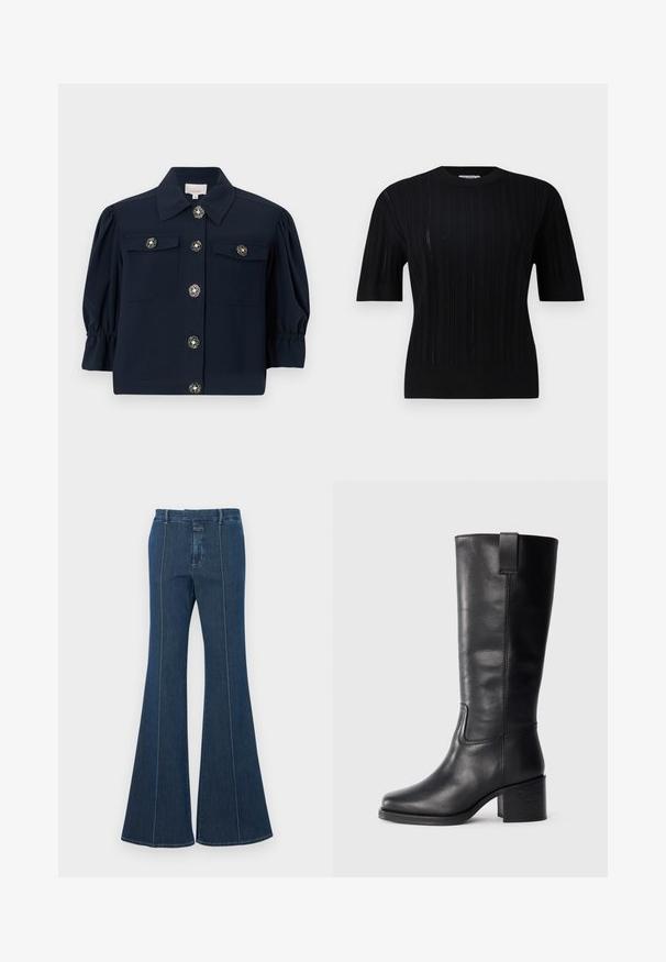 Navy short-sleeve shirt jacket with a collar, two chest pockets, and gold floral buttons. Features gathered puff sleeves and a straight hem.; Filippa K BRAID - Jumper - black; Denim flared pants in dark blue, with structured seams and a clean finish. Features a mid-rise waistband and wide, flowing legs.; Black leather knee-high boots with a smooth texture, square toe, block heel, and side pull tab, featuring minimal stitching details.