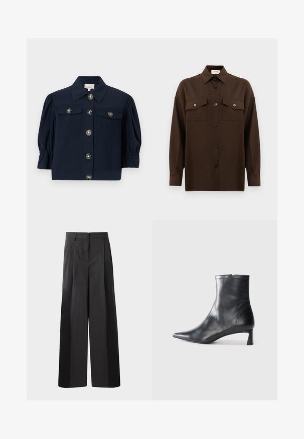 Marineblaues Kurzarmhemdjackett mit Kragen, zwei Brusttaschen und goldenen Blumenknöpfen. Verfügt über geraffte Puffärmel und einen geraden Saum.; Dunkelbraunes Langarmhemd mit Knopfleiste, zwei Brusttaschen mit Klappe und klassischem Kragen, vor einem schlichten weißen Hintergrund präsentiert.; Schwarze, weit geschnittene Hose mit hoher Taille, versehen mit Frontfalten, einer glatten Textur und einem maßgeschneiderten Finish. Entworfen für eine lockere Passform.; Schwarze Lederstiefelette mit spitzer Zehe und schlankem Design. Verfügt über einen niedrigen Absatz und einen Reißverschluss hinten. Glatte Textur.