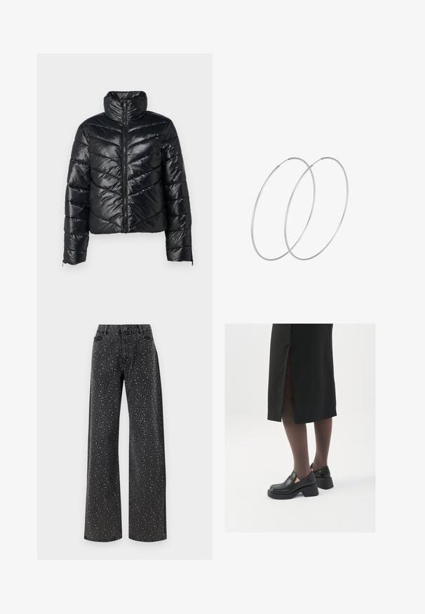 Černá nadýchaná bunda s vysokým límcem, se zipem vpředu a vzory šikmých stehů. Vyrobena z lesklého, hladkého materiálu.; Černý body s dlouhými rukávy, vyznačující se síťovým výstřihem do V a nařasenými detaily na ramenech. Hladký materiál s přiléhavým střihem.; Noisy May NMJANNEL LOOSE - Džíny Relaxed Fit - black denim; Černé kožené boty s kulatou špičkou, silným blokovým podpatkem a elastickými bočními akcenty, spárované s tmavými punčochami a černou sukní se rozparkem.; Stříbrné kruhové náušnice s minimalistickým designem. Kruh, hladký povrch a tenký profil. Lehká konstrukce s lesklým povrchem.