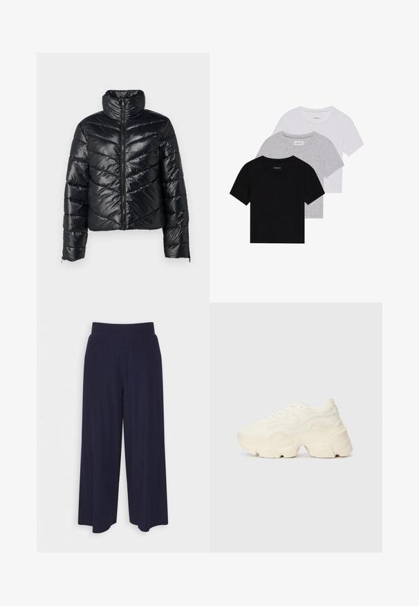 Schwarze Pufferjacke mit hohem Kragen, ausgestattet mit einem Reißverschluss vorne und Chevron-Stichmustern. Hergestellt aus glänzendem, glattem Material.; Set aus drei kurzärmeligen T-Shirts in Schwarz, Grau und Weiß. Hergestellt aus Baumwolle, mit Rundhalsausschnitt und einem einfachen, einfarbigen Design.; Weit geschnittene Hosen aus dunkelnavy Stoff mit strukturiertem Rippendesign. Merkmale sind ein glatter Hosenbund und eine luftige Silhouette, die bis zur Mitte der Wade reicht.; Flockige weiße Sneaker aus strukturiertem Mesh und synthetischen Materialien, mit einer dicken Sohle und komplizierten Mustern entlang der Seiten.