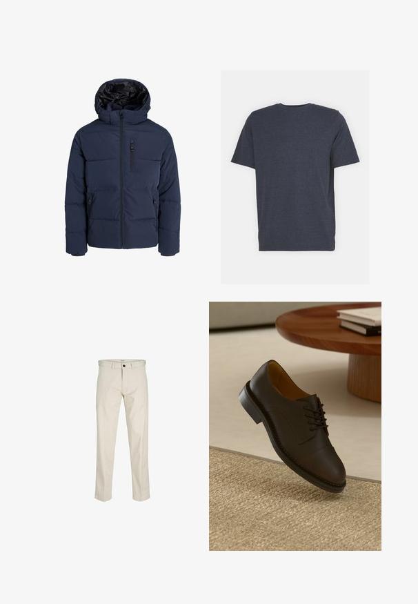 Chaqueta de plumas azul marino con capucha, que presenta un cierre frontal con cremallera, bolsillos laterales y un patrón acolchado para aislamiento y calidez.; Camiseta de cuello redondo azul marino hecha de una suave mezcla de algodón, con mangas cortas y un corte regular. Sin patrones ni acentos visibles.; Pantalones de algodón beige con corte recto, cierre de botones, bolsillos frontales y costuras cosidas. Textura suave, detalles mínimos y sin patrones.; Zapato de vestir de cuero marrón con un upper texturizado, diseño con cordones, costuras contrastantes y una suela de goma duradera, flotando sobre una alfombra tejida.