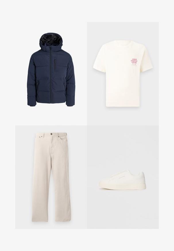 Tumedat sinine sulejope kapuutsiga, millel on ees lukuga sulgemine, küljetaskud ja tikandmustrit isoleerimiseks ja soojuseks.; Valge lühikeste varrukatega T-särk, millel on vasakul rinnal punane tekst "Studio Originals Edition", esitatud neutraalsel hallil taustal.; Bežist korduroopüksid sirge lõikega, ribakujulise tekstuuriga, viie tasku disainiga ja nööpidega sulgemisega.; Valged libisemiskindlad tossud tekstuuriga pinnaga, paksu tallaga ja minimalistikus disainis. Küljel on brändi logo.
