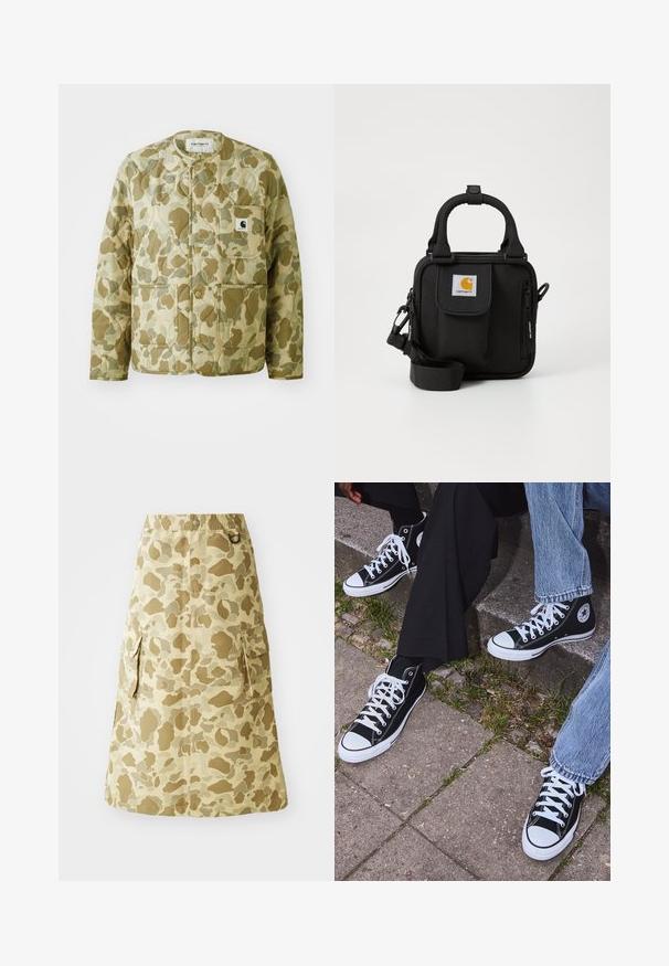 Kätkpaviline jakk beeži ja rohelise kamuflaažimustriga, millel on ümar kaelus, ees taskud ja ruudukujuline brändi silt taskul.; Valge kaelustega soonikkoes kampsun, millel on lühendatud siluett, rõhutatult soonikuga mansetid ja alläär. Pehme tekstuur ja mugav, paks disain.; Khaki seelik, millel on kamuflaažimuster, valmistatud siledast materjalist, elastse vöökoha ja kahe küljetaskuga.; Mustad musta värvi kõrged kanvasist tossud valgete kummitaldade ja nööridega, külgedel ringikujuline logo ning kombineeritud denimist ja mustade pükstega.; Mustmust käekott reguleeritava rihmaga, esiflapiga tasku, lukuga sulgemine ja nähtav logo silt. Valmistatud vastupidavast kangast.