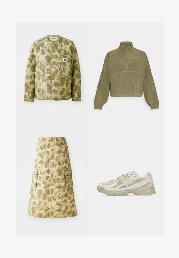 Casaco acolchoado em padrão de camuflagem bege e verde, com decote redondo, bolsos frontais e um rótulo da marca quadrado no bolso.; Casaco polar verde-azeitona com meio zíper, bolso frontal e logótipo da Nike. Apresenta punhos elásticos e costuras discretas.; Saia caqui com padrão de camuflagem, feita de um material suave, com um cós elástico e dois bolsos laterais.; Sapatilhas leves com um upper em malha nas cores bege e creme, apresentando um proeminente logótipo "N", sola almofadada e detalhes texturizados.