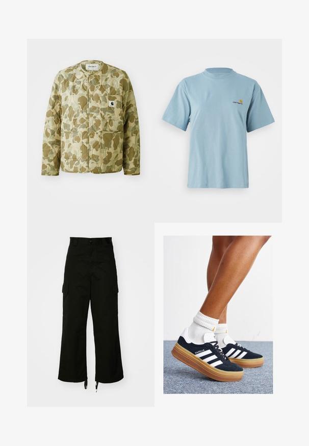 Veste matelassée dans un motif de camouflage beige et vert, avec un col rond, des poches avant et une étiquette de marque carrée sur la poche.; T-shirt en coton bleu clair à manches courtes avec col rond et petit logo Carhartt jaune et rouge sur la poitrine gauche.; Pantalons cargo noirs en coton, dotés de jambes larges, de poches latérales et d'ourlets à cordon de serrage. Le design comprend un bouton de fermeture à la taille.; Baskets en daim noir avec des rayures et des accents blancs, bout arrondi, semelle extérieure en caoutchouc gomme, associées à des chaussettes blanches côtelées mi-mollet.
