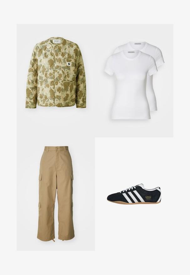 Giubbotto trapuntato in un motivo di camuffamento beige e verde, con collo rotondo, tasche frontali e un'etichetta quadrata del brand sulla tasca.; Due t-shirt bianche in cotone con maniche corte, scollatura rotonda e silhouette aderente, presentano una texture liscia e un design minimalista.; Pantaloni cargo beige con vita alta, gamba ampia e quattro grandi tasche laterali. Realizzati in un tessuto resistente con una texture liscia e dettagli minimi.; Sneaker in pelle scamosciata nera con tre strisce bianche, logo dorato e suola in gomma marrone. Caratterizzato da un design a lacci a profilo basso.