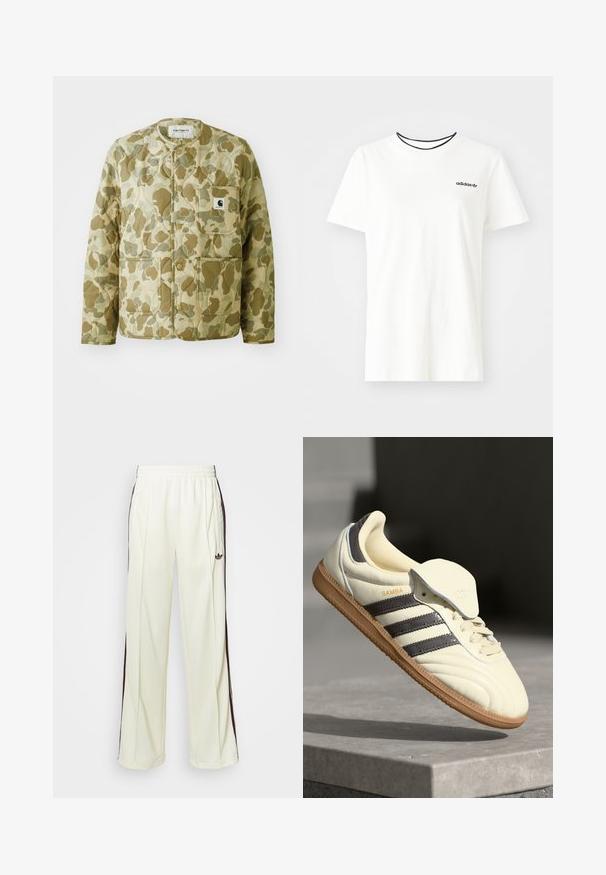 Guminė striukė smėlio ir žalios kamufliažo raštu, turinti apvalų kaklą, priekinius kišenes ir kvadratinę prekės ženklo etiketę ant kišenės.; Balta medvilnė marškinėliai su trumpomis rankovėmis ir apvalia iškirpte. Ant krūtinės yra juodas Adidas logotipas, o vidinė apykaklė yra kontrastinga juoda.; Kreminės spalvos laisvos kelnės, turinčios tamsiai rudas šonines juostas ir išsiuvinėtą logotipą kairiajame šlaunyje.; Kremo spalvos odiniai sportbačiai su trimis tamsiomis juostelėmis, rudos gumos padas ir apvalus nosis. Yra lankstus liežuvis su užrašu "SAMBA."