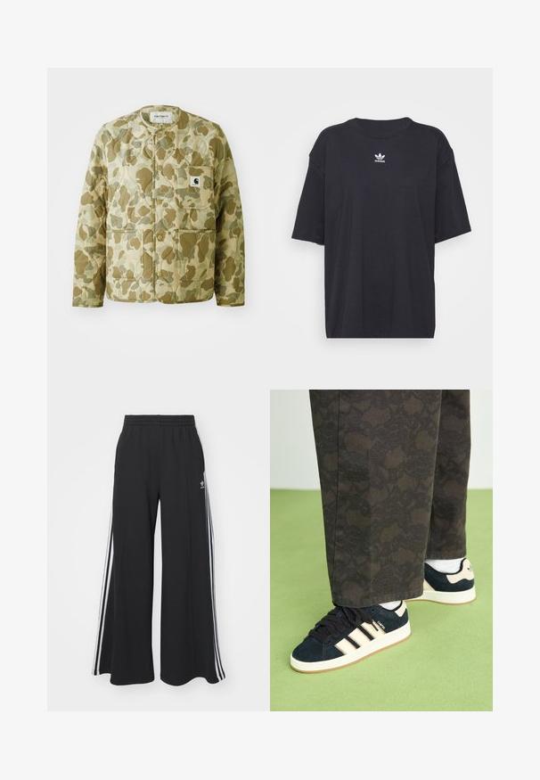 Podložena jakna v bež in zeleni kamuflažni vzorec, z okroglim ovratnikom, sprednjimi žepi in kvadratno etiketo blagovne znamke na žepu.; Črna bombažna majica s kratkimi rokavi in okroglo ovratnikom, ki na prsih prikazuje bele Adidasove logotip. Enostaven dizajn, sproščen kroj.; Črne široke trenirke z elastičnim pasom, ki imajo bele stranske proge in vezeno logo na levi stegna.; Črne in vzorčaste hlače v kombinaciji z mornarsko modrimi semiš teniskami z medeni črtami in belimi podplati. Površine so prikazane kot teksturirane in ravne.