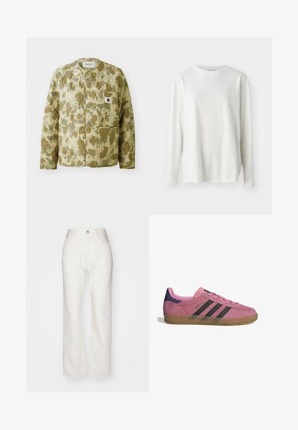 Chaqueta acolchada en un patrón de camuflaje beige y verde, con un cuello redondo, bolsillos frontales y una etiqueta de marca cuadrada en el bolsillo.; Camiseta blanca de manga larga hecha de algodón, con cuello redondo, hombros caídos y un sutil logo en el pecho. Textura suave.; Pantalones de mezclilla blanca con una alta cintura y un ajuste de pierna ancha. Presenta un cierre de botón y cremallera, presillas para cinturón y detalles de costura sutil.; Zapatilla de ante rosa con rayas negras, suela de goma y talón texturizado púrpura. Cuenta con un diseño de cordones y una marca grabada en el lateral.