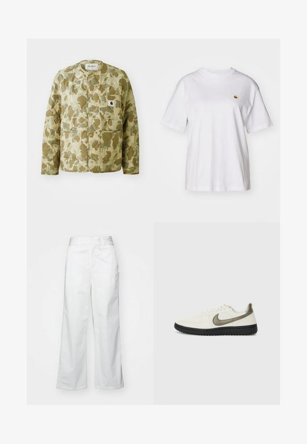 Giubbotto trapuntato in un motivo di camuffamento beige e verde, con collo rotondo, tasche frontali e un'etichetta quadrata del brand sulla tasca.; Maglietta in cotone bianco con vestibilità rilassata, maniche corte e un piccolo logo ricamato sul lato sinistro del petto.; Pantaloni bianchi a gamba larga realizzati in cotone, con una texture liscia, vestibilità dritta, tasche frontali e orlo pulito.; Nike Sportswear FIELD GENERAL - Sneakers basse - off-white/black