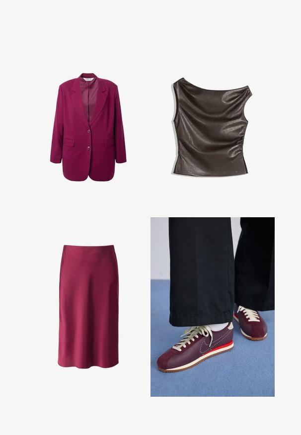 Blazer magenta con rever a punta, due tasche frontali e chiusura con un solo bottone. Tessuto liscio con una silhouette strutturata.; Top asimmetrico a spalla unica in finta pelle marrone scuro; dettaglio arricciato laterale; texture liscia con una leggera lucentezza; design aderente.; Gonna di raso bordeaux con una texture liscia, taglio dritto, lunghezza media e un leggero brillante. Nessun motivo visibile o dettagli metallici.; Scarpe sportive bordeaux e crema con un mix di suede e materiale liscio, caratterizzate da un accento rosso a contrasto, lacci bianchi e una suola testurizzata.