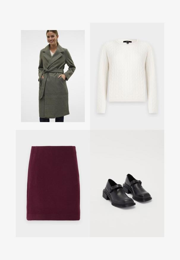 Šedý vlněný kabát s klopovým límcem, zavazováním v pase a předními kapsami. Hladká textura, délka po kolena a rovný střih.; Biely sveter s pleteným vzorom, ktorý má dlhé rukávy, okrúhly výstrih a ozdobný perlový prvok na golieri. Mäkko sa nosí a je priliehavého strihu.; Vero Moda VMFORTUNALLISON SHORT - sukňa v tvare A - winetasting; Čierne kožené topánky s okrúhlou špičkou, plochou podrážkou a remienkom s detailom pracky. Hrubý blokový opätok pre väčšiu stabilitu.