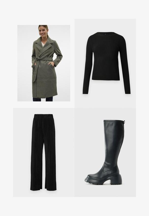 Pilkos vilnos apklijuota striukė su iškirptu apykakle, raiščiu, ir priekinėmis kišenėmis. Lygus paviršius, iki kelių ilgio dizainas ir tiesus kirpimas.; Juoda dryžuota ilga rankovė prigludusi megztinis su apvalia iškirpte, pateiktas prieš paprastą šviesią fono.; Juodi plisuoti kelnės su elastine juosta. Turėkite plačias kojas ir glotnų, tekstūrinį audinį su vertikaliais dryžiais.; Ilgas juodos odinės batai su masyvi platforma ir stačiakampiu kulnu, turintys traukimo kilpą ir tekstūruotą pado raštą.