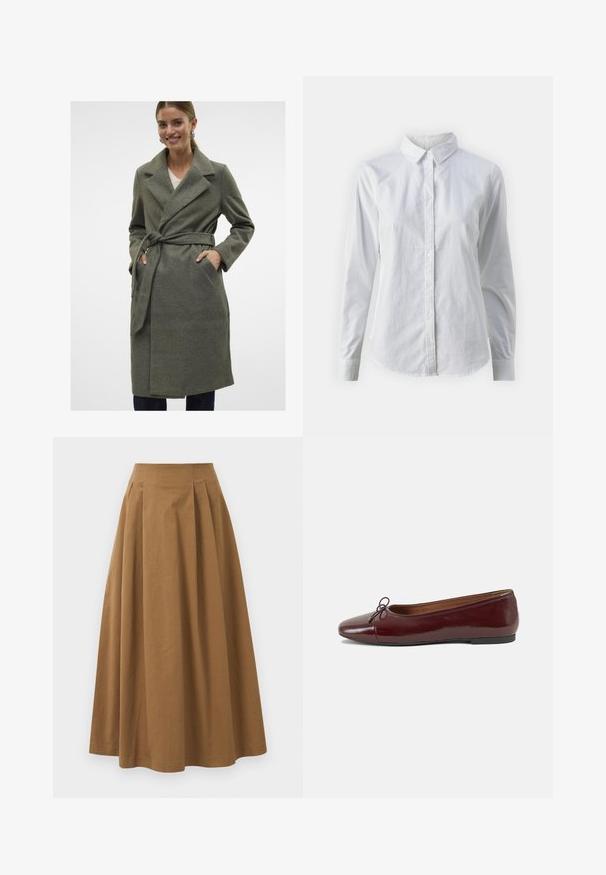 Pelēks vilnas apvalks ar iegrieztu apkakli, saistošu jostu un priekšējiem kabatām. Gluda faktūra, ceļgala garuma dizains un taisna griezuma.; Balta pogājamā krekla augšdaļa, izgatavota no gluda kokvilnas, ar klasisku apkakli, garām piedurknēm un izliekto apakšmalu. Pogas ir mazas un baltas.; Brūna kokvilnas A formas svārki ar augstu jostasvietu, kurai priekšā ir krokas un gluda tekstūra. Apakšmala ir tīra un vienkārša.; Burgundijas laku ādas baleta kurpes ar noapaļotu purngalu, nelielu loku akcentu priekšā un zemu melnu gumijas zoli. Gluda tekstūra.