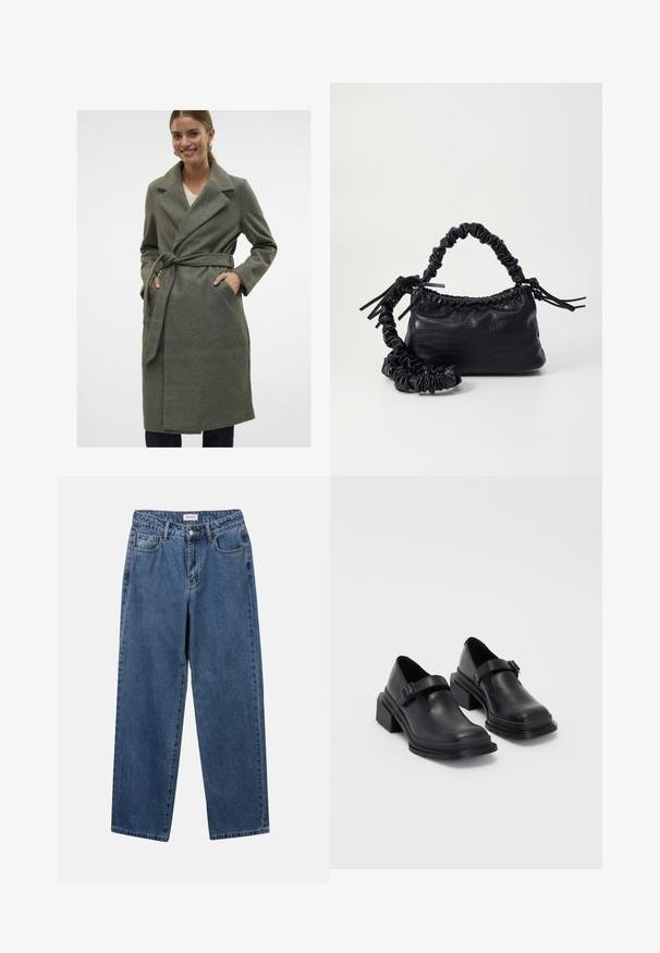 Hallhalli šedá villane mantel, millel on lõhiku kaelus, sidev vöö ja eesmine taskud. Sile tekstuur, põlvepikkune disain ja otse lõige.; Valge pikka varrukat nuppude jaotuse särk, mis on valmistatud siledast puuvillasegust. Omab klassikalist krae, ees nuppude sulgemist ja ümarate mansettidega.; Klassikalised sinised denimists teksad otsejalaga disainiga, viie taskuga ja nööbisuletusega. Omab keskmist pesu ja tugevat tekstuuri.; Mustad mustad jalanõud ümmarguse varbaga, tasase tallaga ja kinnitusega rihmaga, millel on pandla detail. Suure plokknina, mis tagab lisastabiilsuse.; Must must sünteetilisest nahast käekott, millel on krokodillimuster, kokku tõmmatav ülaosa ja kortsus rihm. Tundub pehme ja kompaktne disain.