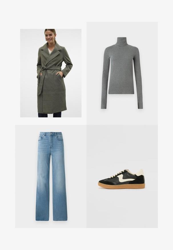 Palton din lână gri, cu guler decupat, curea de legare și buzunare frontale. Textură netedă, design până la genunchi și croi drept.; Cămașă turtleneck gri, dintr-un material neted și elastic. Mâneci lungi, design ajustat, textură minimă, fără modele sau accesorii vizibile.; Jeans decolorare deschisă, cu talie înaltă, cu un design drept. Confeționate din denim, cu cinci buzunare și închidere cu nasturi.; Tenisi din suede și piele negri cu un swoosh lateral de culoare crem și călcâi de un crem deschis. Prezintă șireturi bej și o talpă din rubber de tip gum.