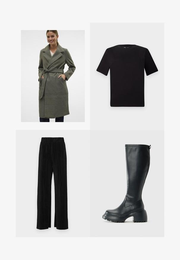 Szürke gyapjú vállkendő kabát, kipróbált gallérral, megkötő övvel és elülső zsebekkel. Simább textúra, térd alá érő design és egyenes szabás.; Fekete, rövid ujjú póló, kerek nyakkal, puha pamutból készült. Egyszerű dizájn, nincs látható logó vagy minta.; Fekete pliszírozott nadrág gumis derekkal. Széles lábakkal rendelkezik, sima, texturált anyagból készült, függőleges csíkokkal.; Magas fekete bőrcipő, vastag platform talppal és blokk sarokkal, húzófüllel és texturált profillal az outsole-on.