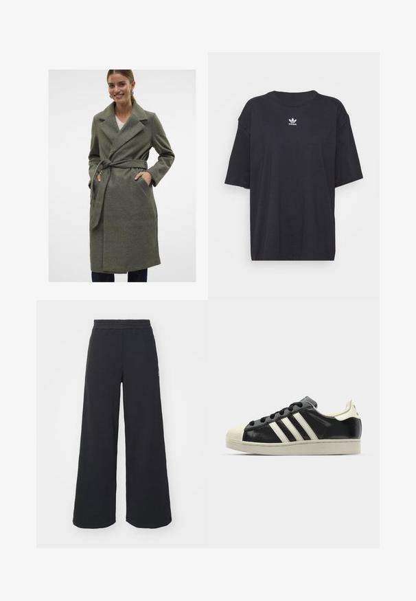 Grau wollener Umhangmantel mit Reverskragen, Bindegürtel und vorderen Taschen. Glatte Textur, knielanges Design und gerader Schnitt.; Schwarzes Baumwoll-T-Shirt mit kurzen Ärmeln, rundem Halsausschnitt, mit einem weißen Adidas-Logo auf der Brust. Einfaches Design, lockere Passform.; Schwarze weite Sweatpants aus weichem Material, mit einem elastischen Taillenbund und einem kleinen Logo auf der linken Seite.; Schwarze Ledersneaker mit weißen Streifen, Gummikappe, schwarzen Schnürsenkeln und einer cremefarbenen Sohle. Glatte Textur mit glänzender Oberfläche.