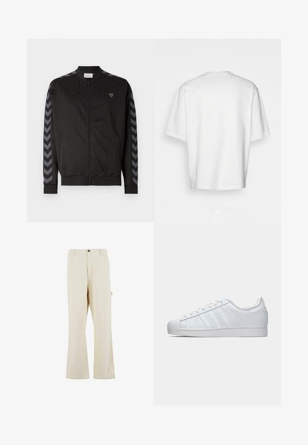 Zwarte sportjack met een rits aan de voorkant, geborduurd textuur, geribde manchetten en contrasterende grijze chevronstrepen op de mouwen.; Witte t-shirt met korte mouwen, losse fit, ronde halslijn, gladde katoenen stof, ongeversierde achterkant, rechte zoom, geen patronen of accenten.; Beige, wijde broek gemaakt van een katoenmix met een knoopsluiting. Voorzien van zijzakken en een subtiele textuur. Naaddetails zichtbaar.; Witte leren sneaker met een getextureerde rubberen neus, drie zijstreepjes en een gevoerde kraag. Platte witte veters en een minimalistisch ontwerp.