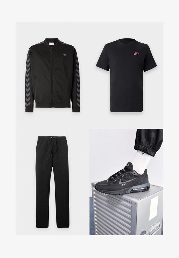Czarna sportowa kurtka z zamkiem z przodu, wzorzysta tekstura, ściągacze na mankietach oraz kontrastowe szare paski w kształcie chevron na rękawach.; Czarna bawełniana koszulka z okrągłym dekoltem i krótkimi rękawami. Posiada różowe logo Nike na górnej lewej stronie. Gładka faktura.; Czarne spodnie dresowe z polaru, z elastycznym paskiem w talii ze sznurkiem, dwiema przednimi kieszeniami oraz małym logo na udzie.; Nike Sportswear PULSE czarny