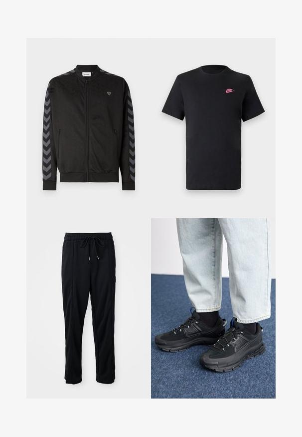 Juodas sportinis džemperis su užtrauktuku priekyje, raštuota tekstūra, grublėti rankogaliai ir kontrastingos pilkos chevrono juostos ant rankovių.; Juodas medvilninis marškinėliai su apvalia apykakle ir trumpomis rankovėmis. Viršutiniame kairiajame kampe yra rožinė Nike logo. Lygus paviršius.; Juodos laisvos kelnės su raišteliu liemens, šoninėmis kišenėmis ir tiesiu kirpimu ant vienodos fono.; Juodi sportiniai bateliai su tekstūruota medžiaga ir guminiais padais, su elastingomis raišteliais ir mėlynu akcentu ant kulno. Dėvimi su šviesiai mėlynomis džinsinėmis kelnėmis.